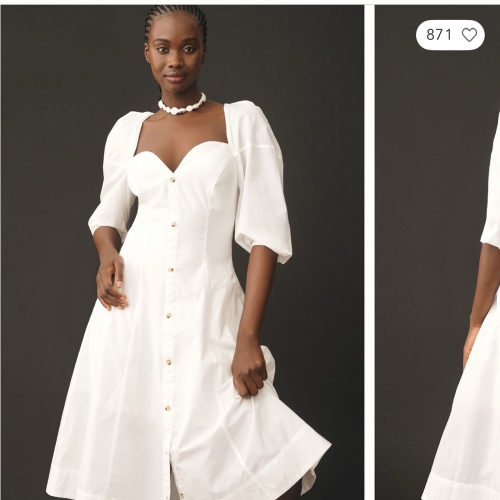 Anthropologie White Midi Dress with Puff Sleeves